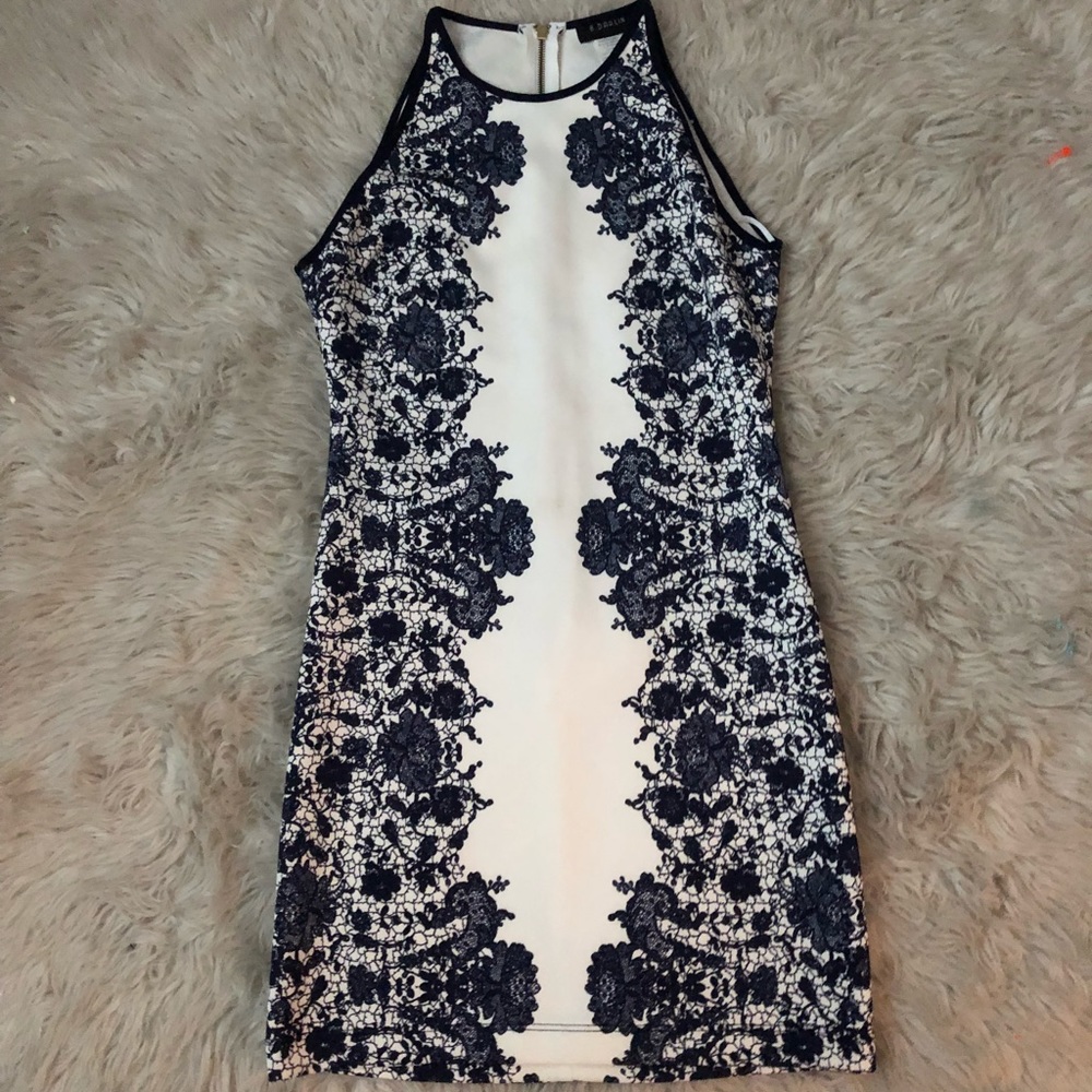 White Dress With Navy Blue Flora Design